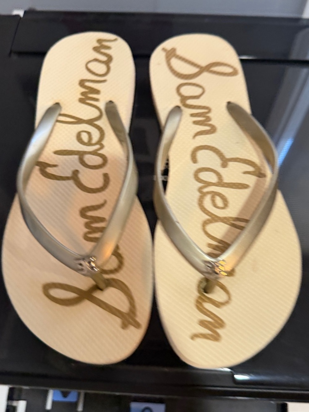 Sam Edelman Gold Metallic Flip Flop Sandals with Cream Footbed and Logo